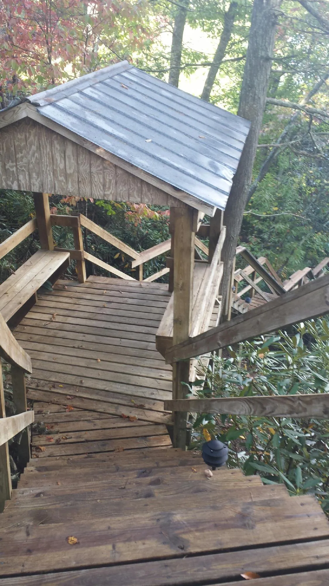 Metal roofed shelter over wooden steps on a wooded walkway — Skylight Repair & Installation work by our crew in Lawler