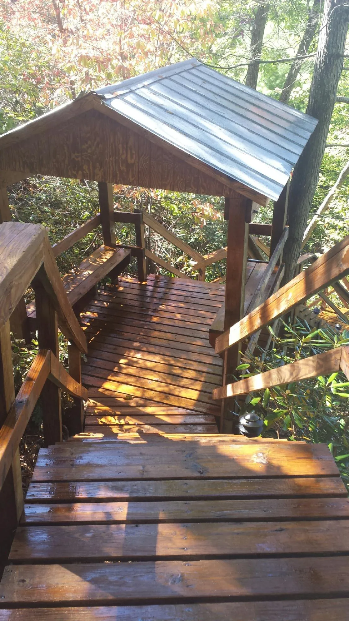 Freshly stained wood walkway and covered shelter with a metal roof in Lawler